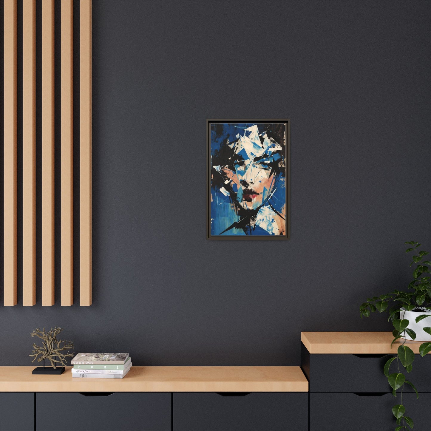 Abstract Portrait Matte Canvas Framed Wall Art — Blue Mixed-Media Face Print