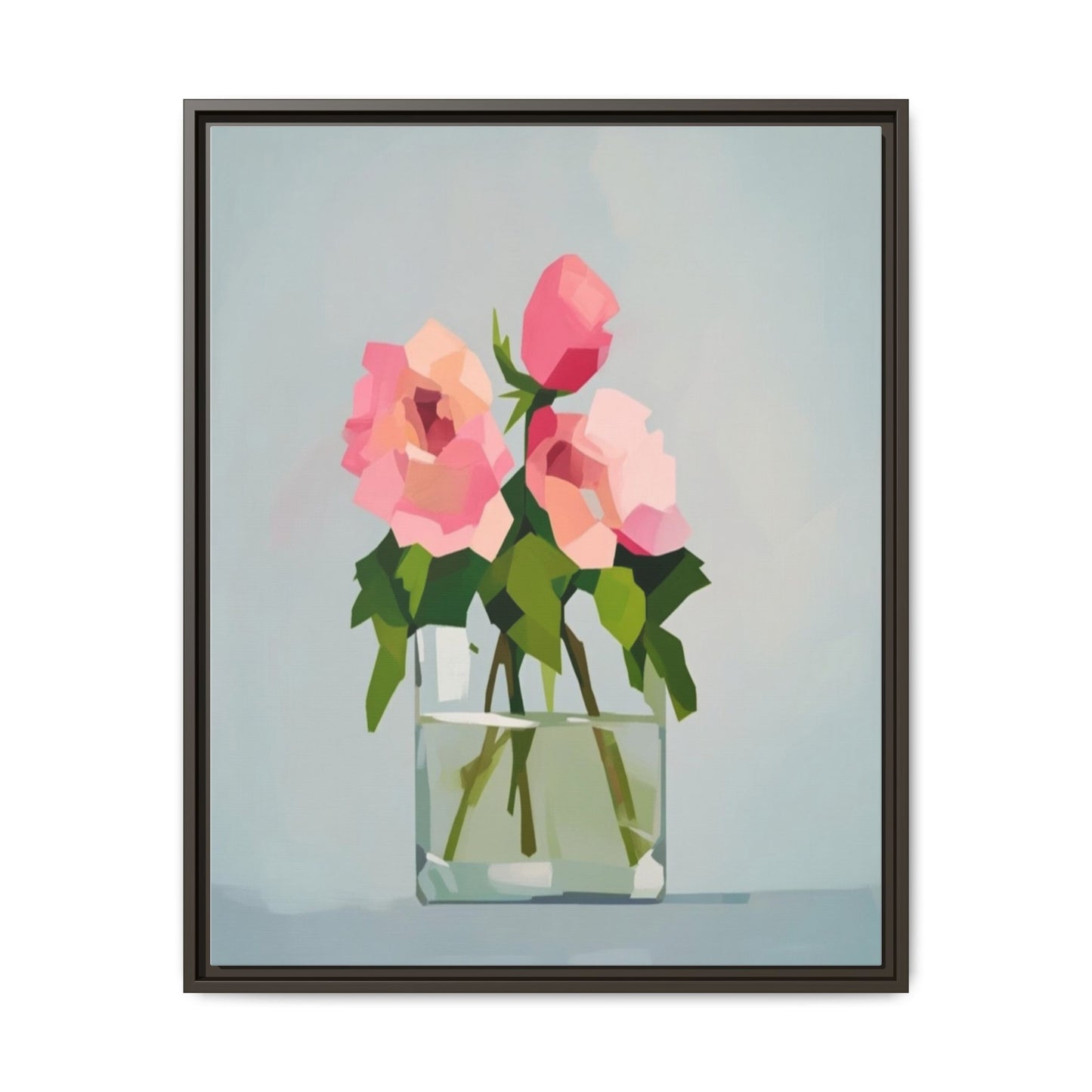 Framed Floral Canvas Print — Pink Roses in Glass Vase (Matte)
