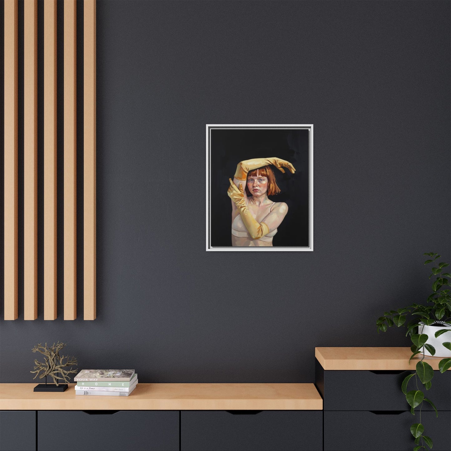 Framed Matte Canvas Art – Portrait of Woman in Yellow Gloves