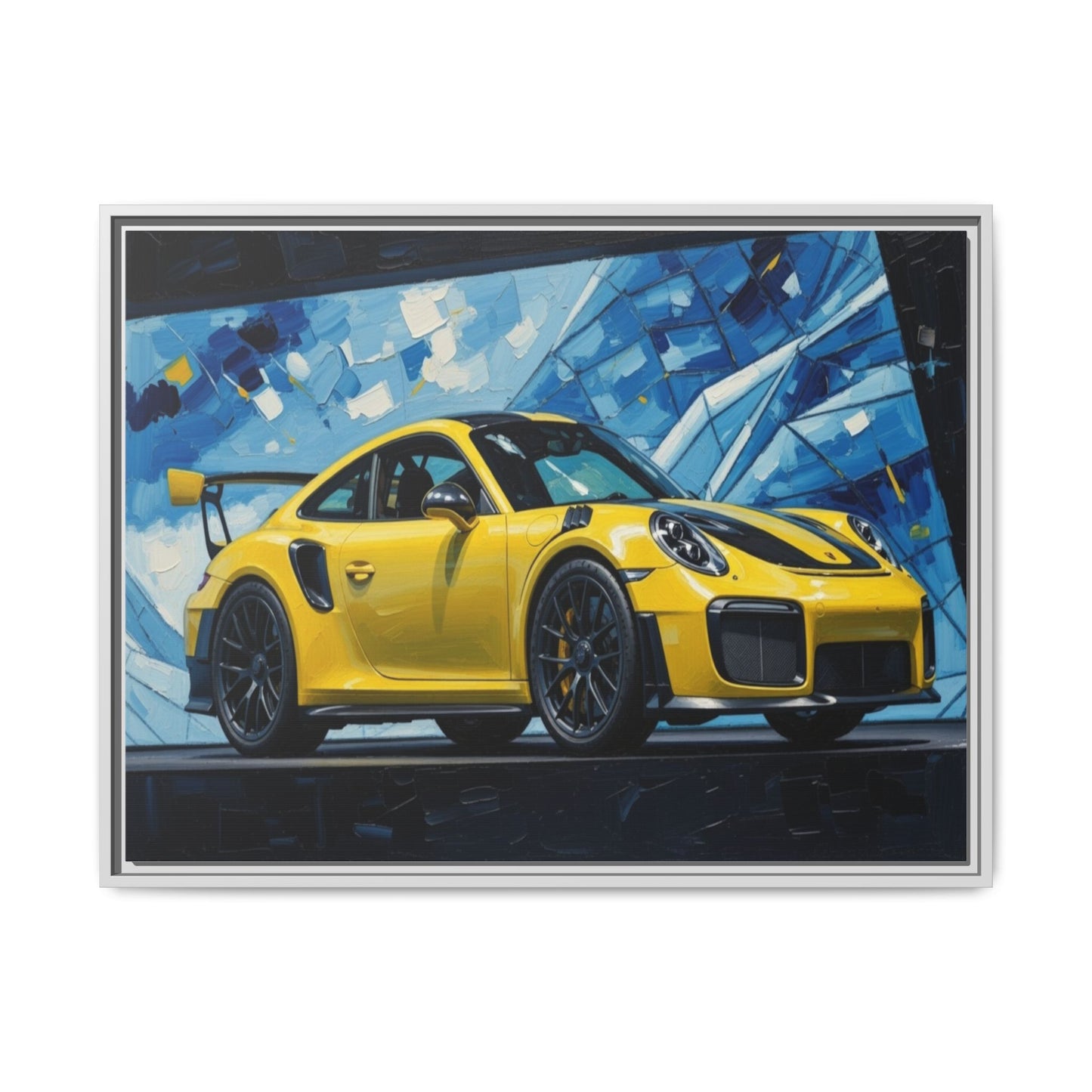 Yellow Porsche Sports Car Matte Framed Canvas – Modern Automotive Wall Art
