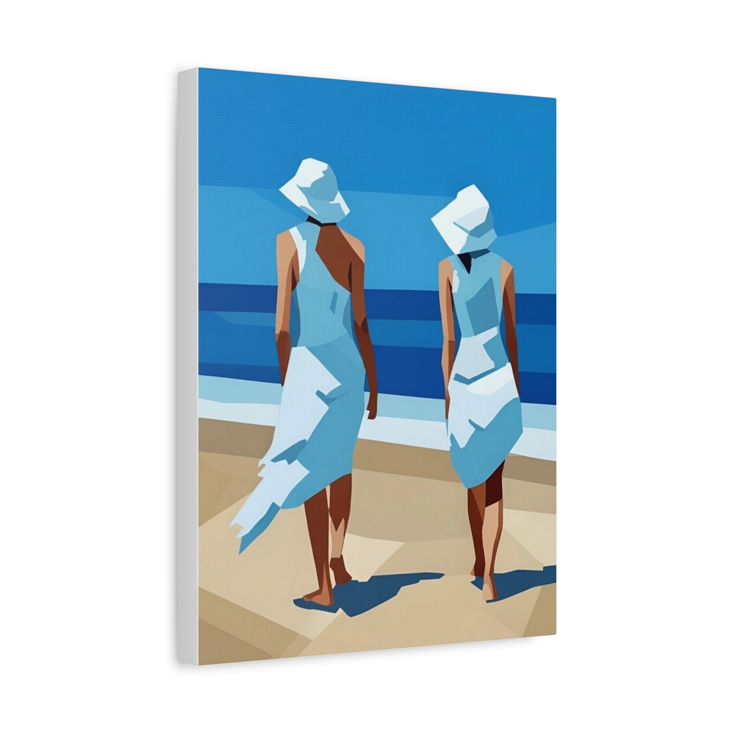 Beach Stroll Canvas Print — Two Women in Blue Sun Hats Matte Stretched