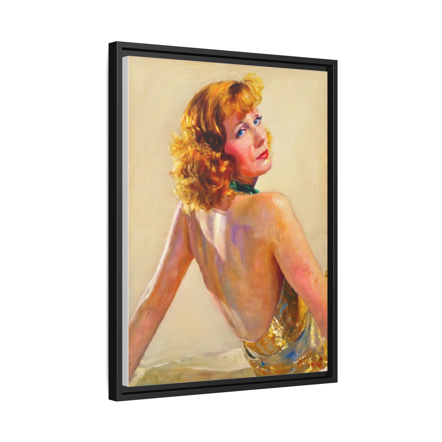 Framed Matte Canvas Print — Vintage Portrait of Redhead Greta Garbo in Gold Dress