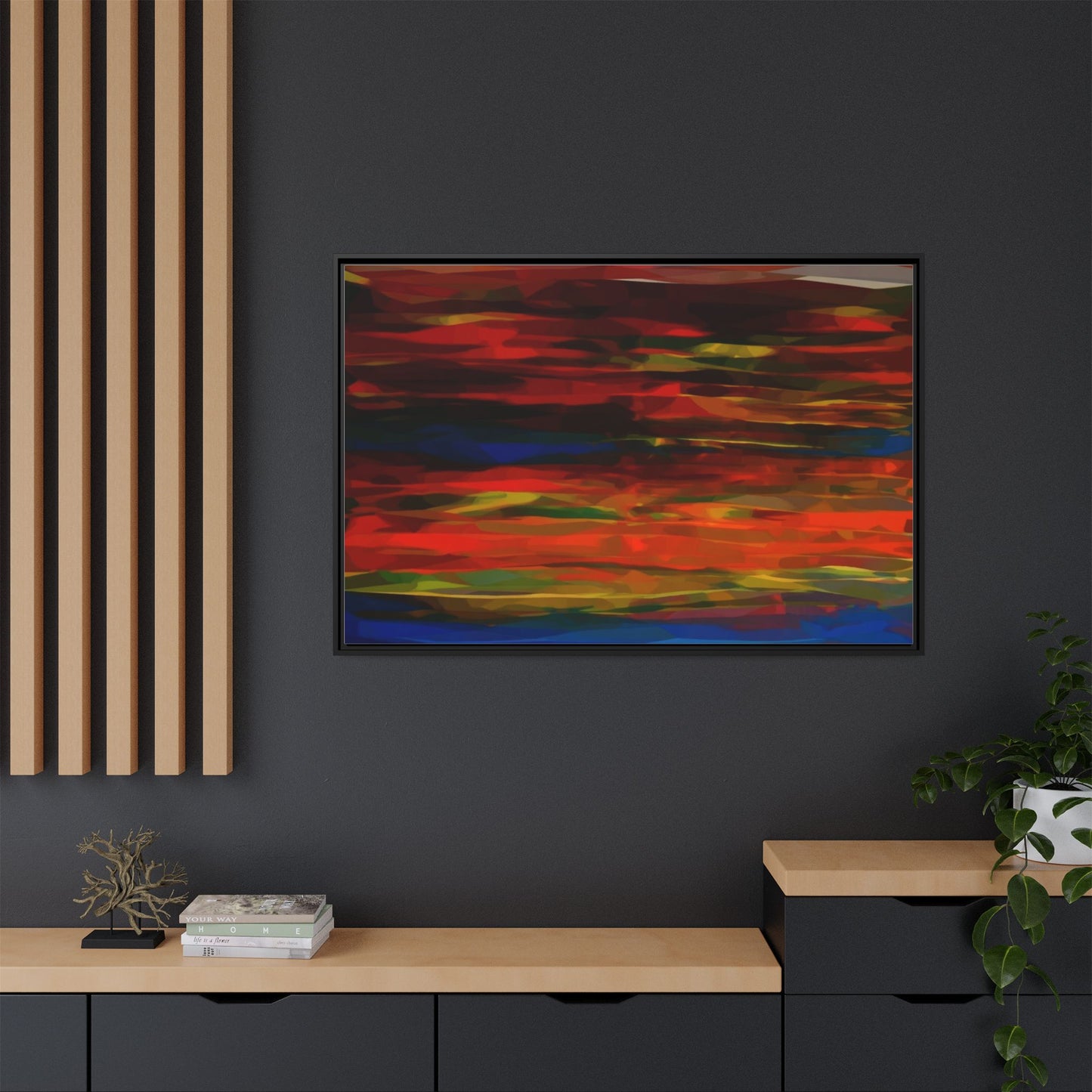 Abstract Multi-Color Matte Canvas Framed Wall Art — Bold Red & Blue Modern Painting