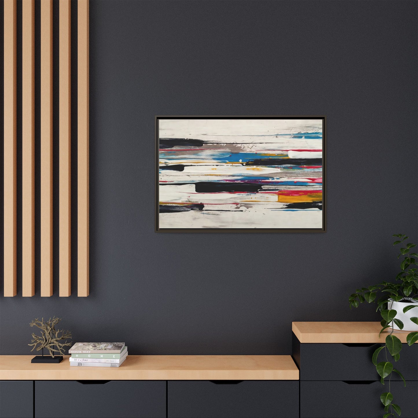Abstract Multi-Color Framed Canvas Wall Art — Modern Horizontal Brushstroke Print