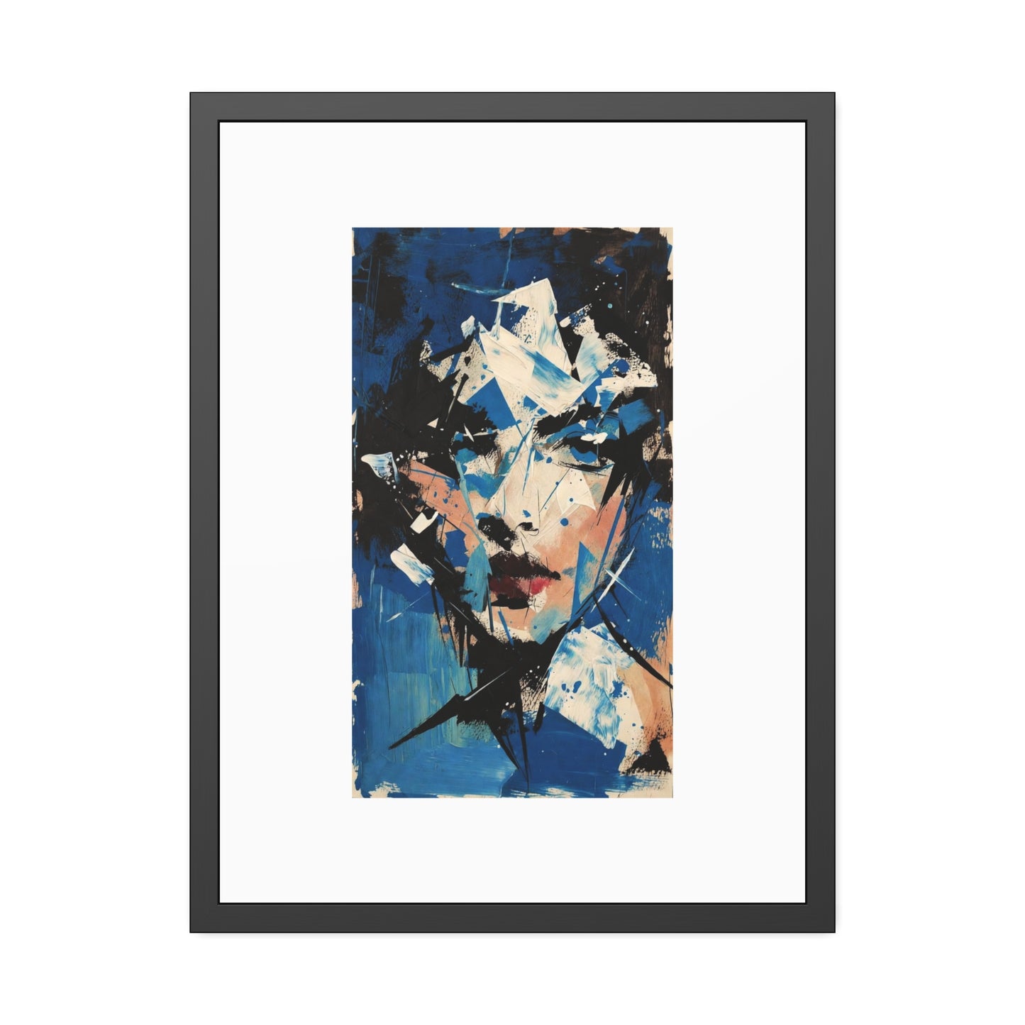 Abstract Blue Portrait Framed Paper Poster — Modern Expressionist Wall Art