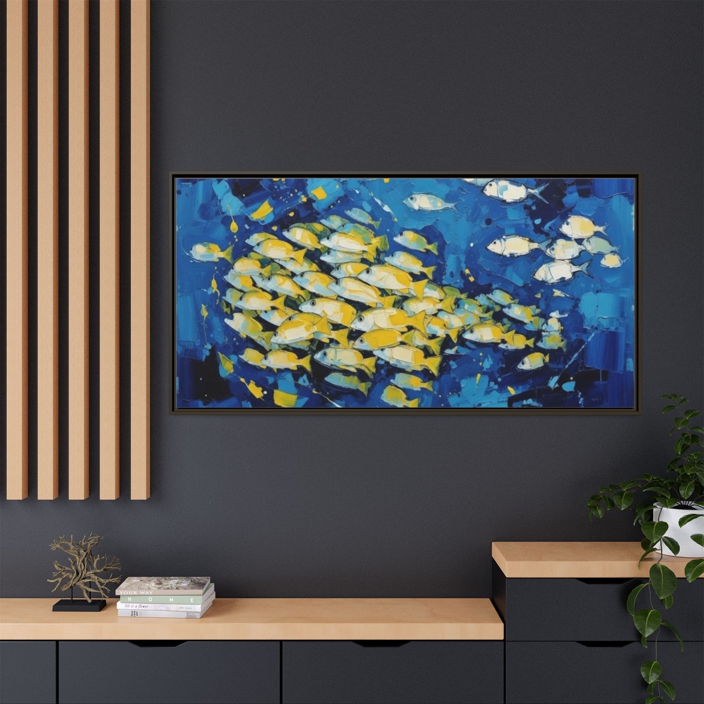 Framed Matte Canvas: Blue School of Fish Wall Art