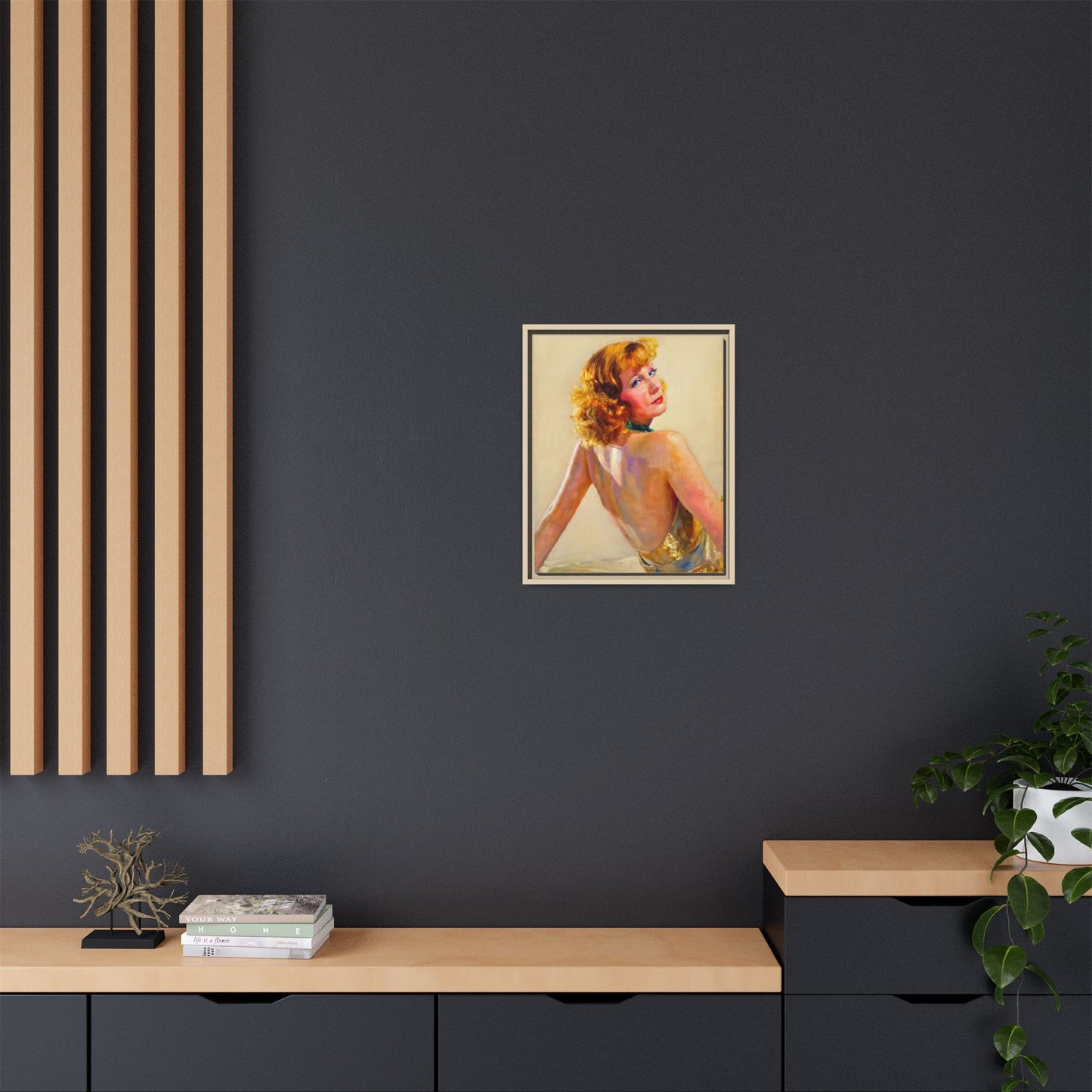 Framed Matte Canvas Print — Vintage Portrait of Redhead Greta Garbo in Gold Dress