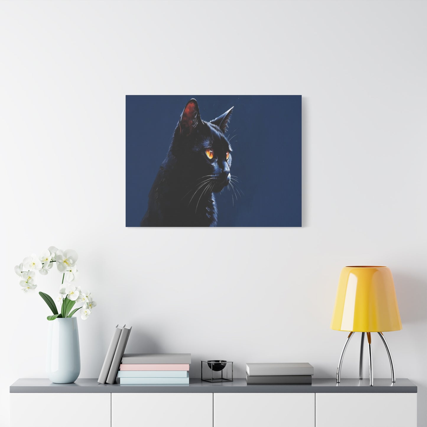 Matte Black Cat on blue background Canvas, Stretched, 1.25"