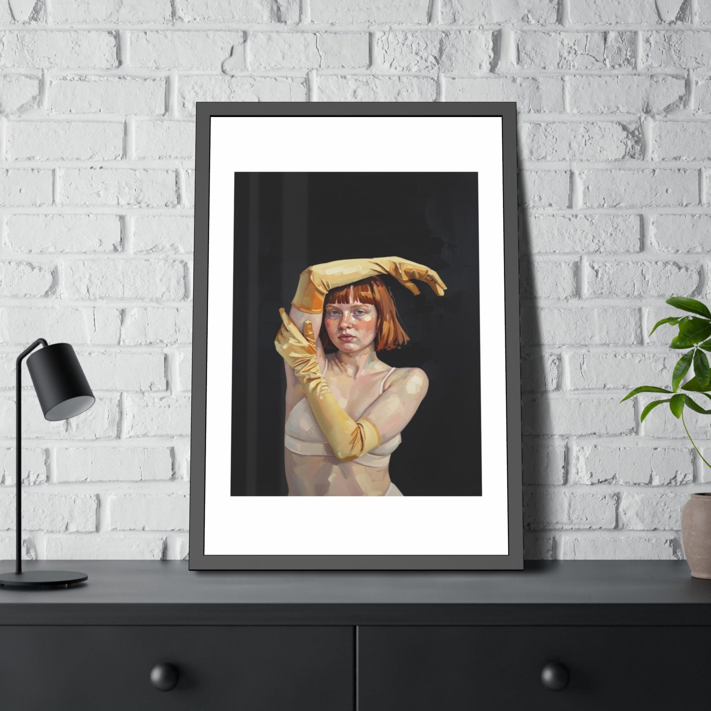 Framed Art Poster — Portrait of Redhead Woman in Yellow Gloves (Gallery Wall Print)