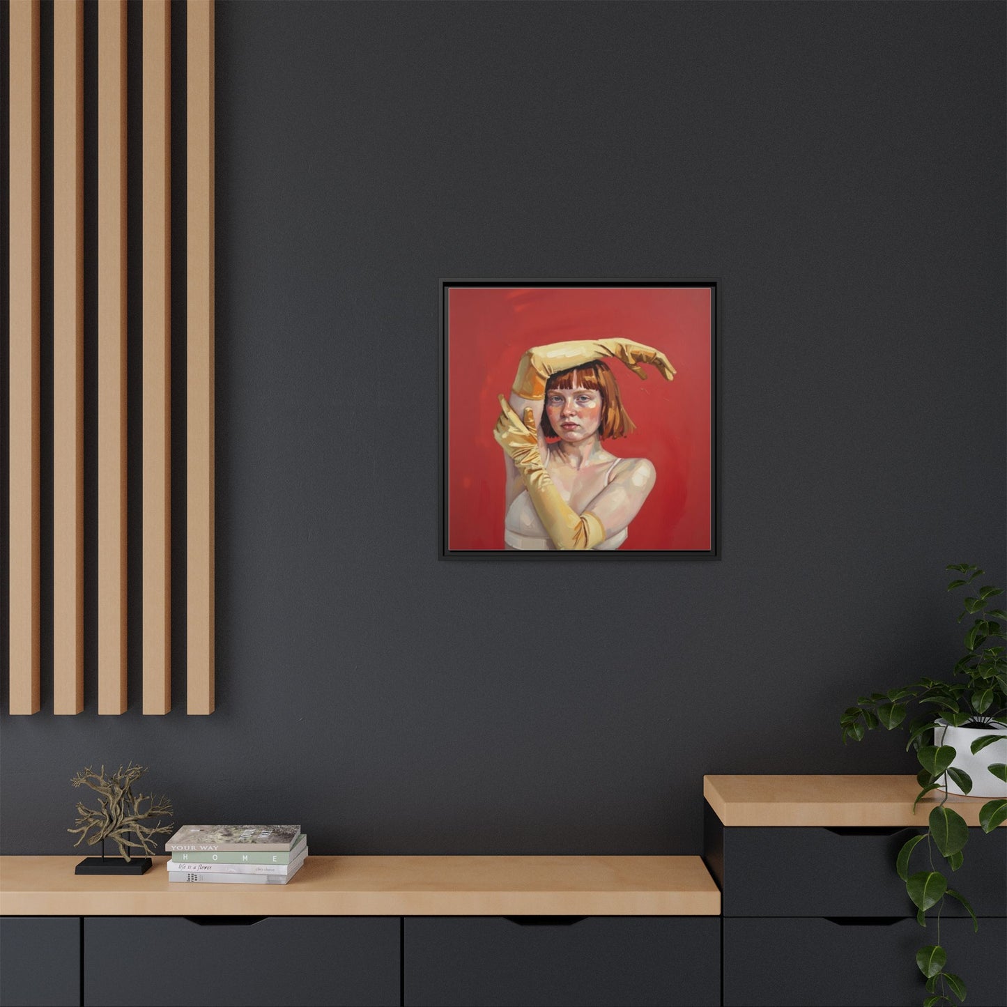 Framed Matte Canvas Art - Portrait of Woman in Yellow Gloves (Red Background)