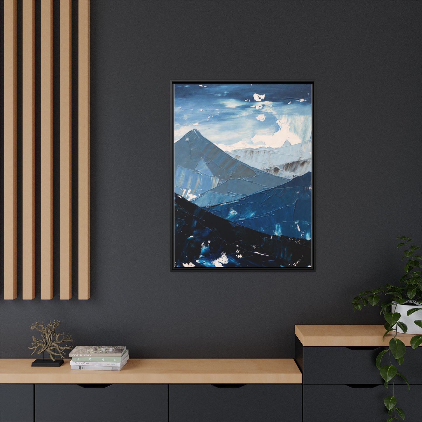 Blue Mountain Landscape Matte Canvas Framed | Abstract Mountain Wall Art
