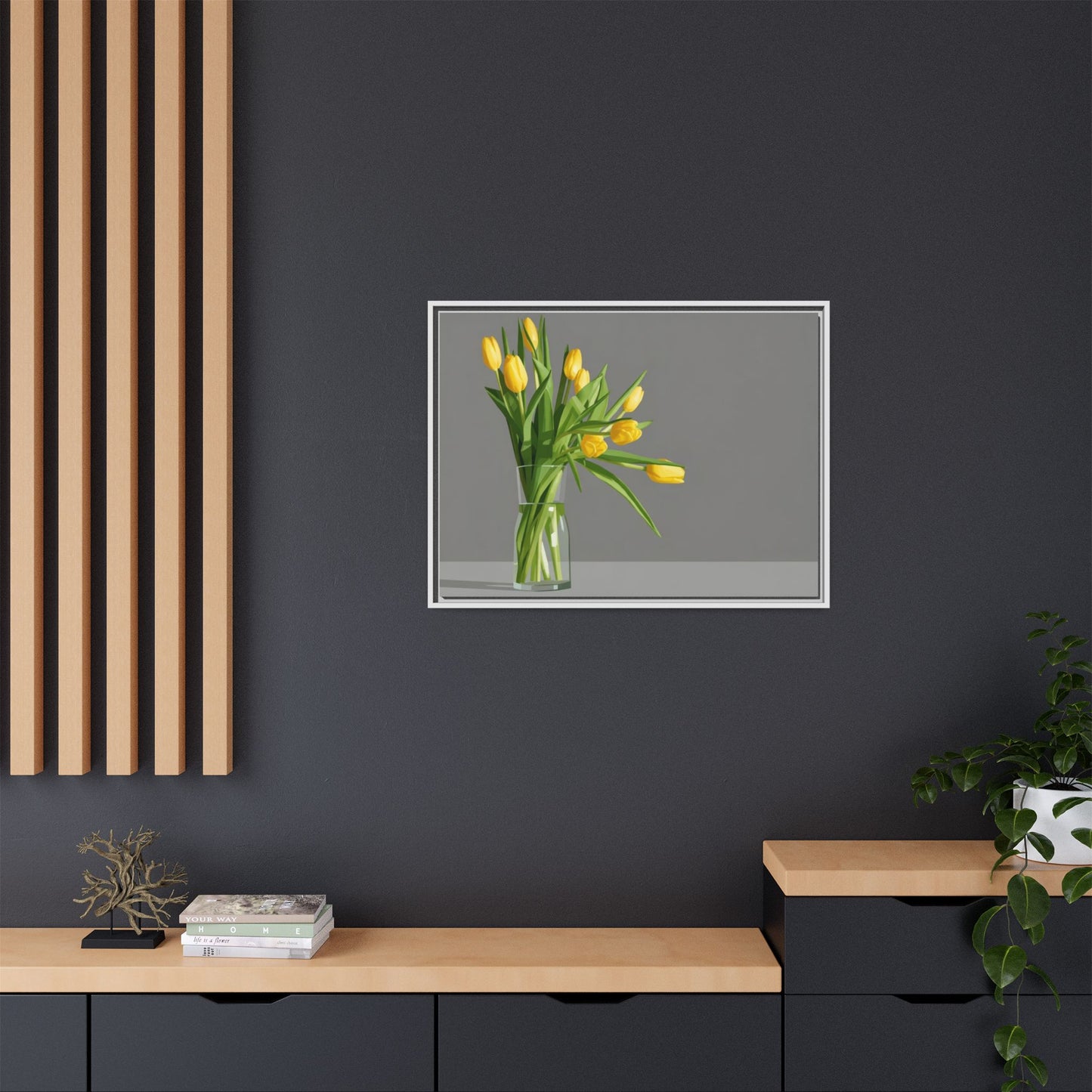 Framed Matte Canvas Art — Yellow Tulip Vase Wall Print