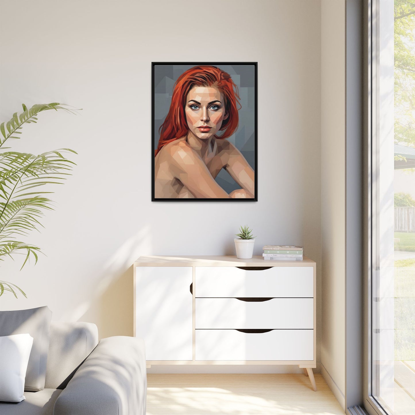 Framed Matte Canvas Portrait — Geometric Redhead Wall Art