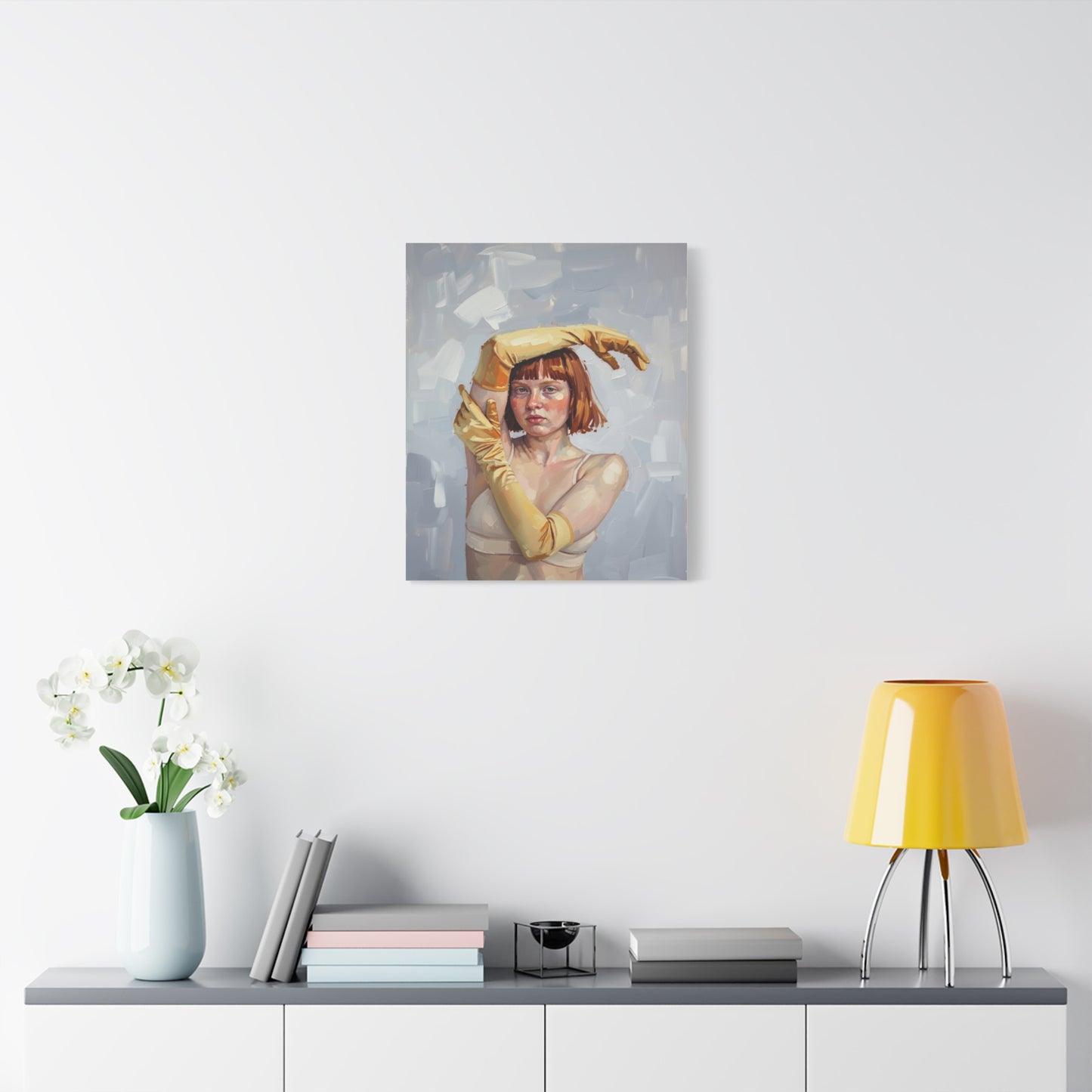 Portrait Canvas Print — Redheaded Woman with Yellow Gloves, Matte Stretched Art