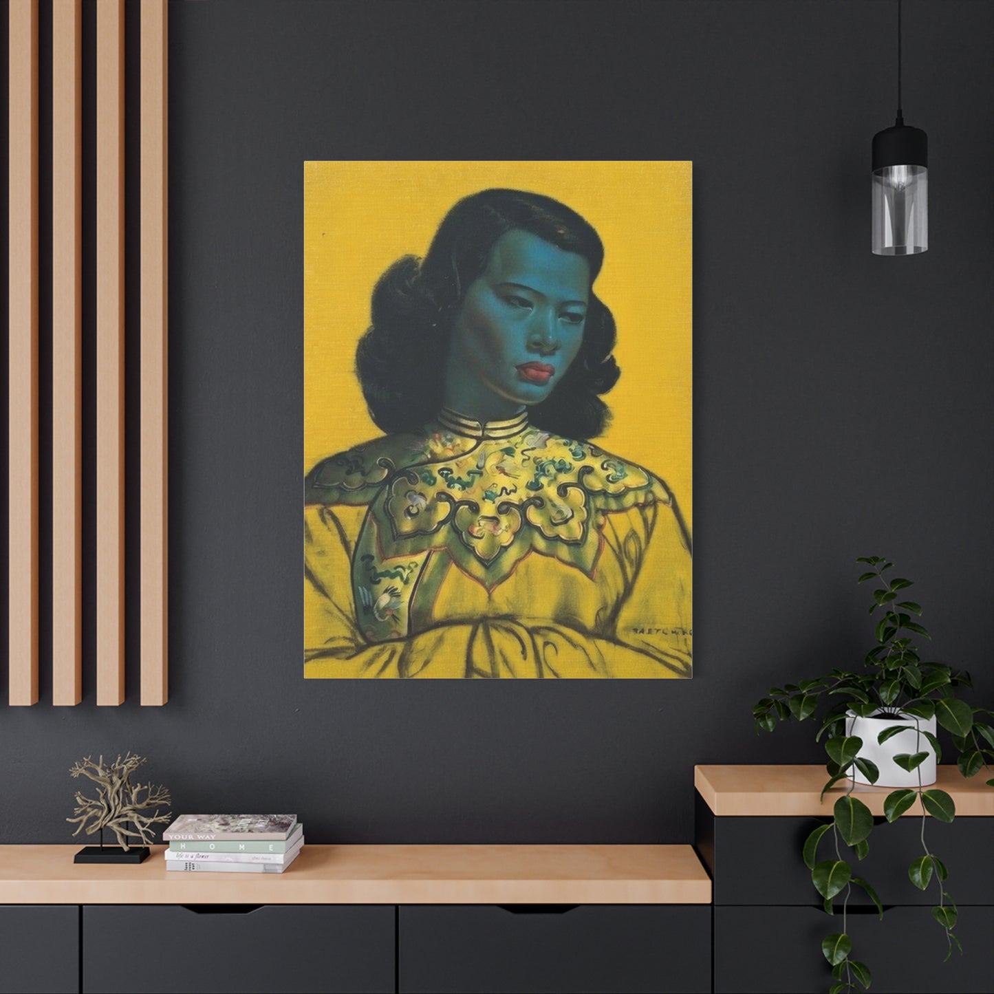 Vintage Portrait Canvas Print — Mid-Century Asian Woman Art on Yellow Background