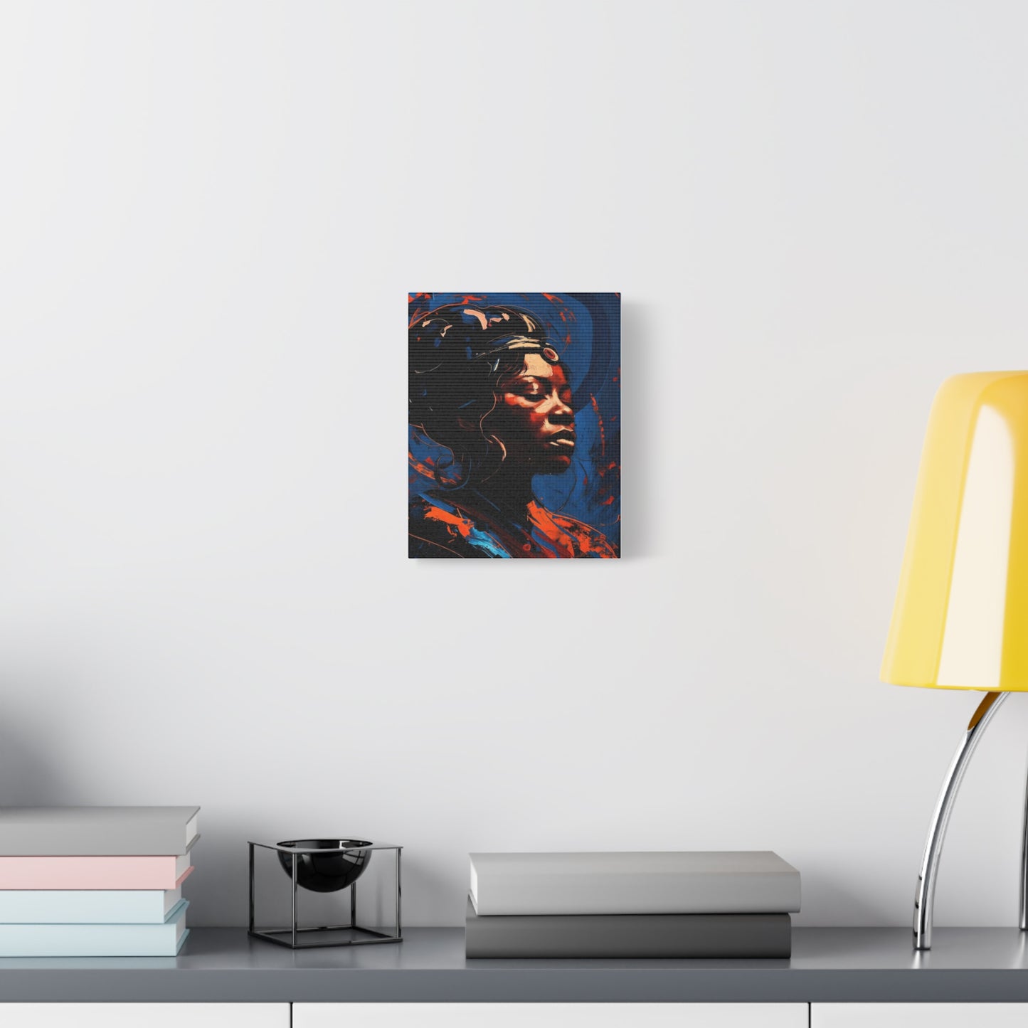 Regal Afrocentric Portrait Matte Canvas Art – Vibrant Blue & Orange Stretched Wall Decor