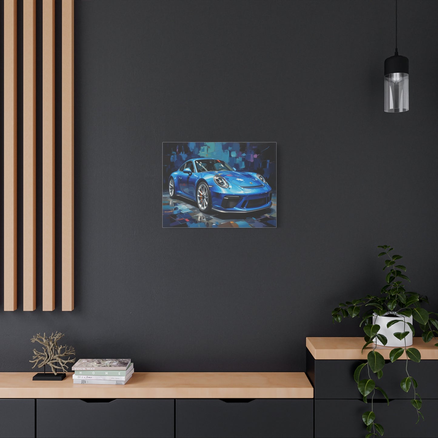 Blue Sports Car Canvas Wall Art — Modern Automotive Painting on Stretched Matte Canvas