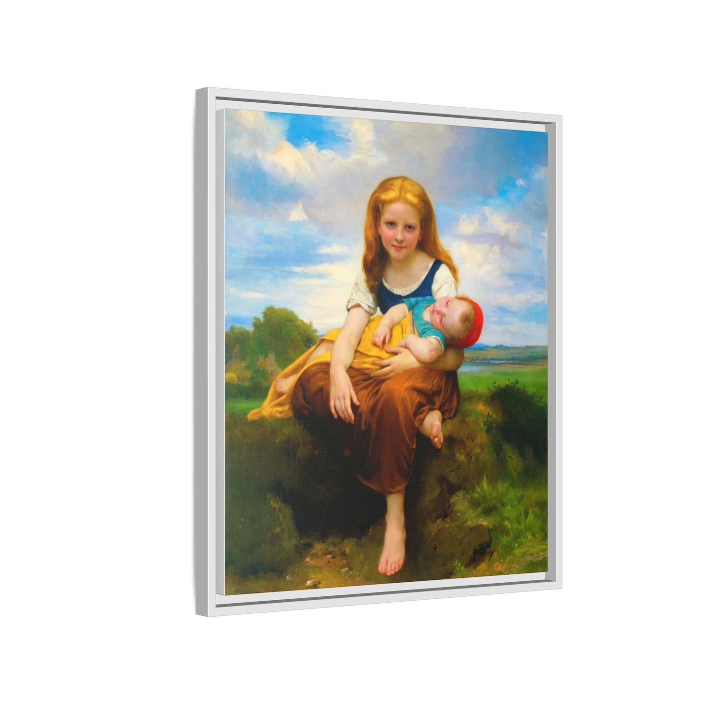 Young Girl Holding Sleeping Baby Canvas Print, Framed Wall Art