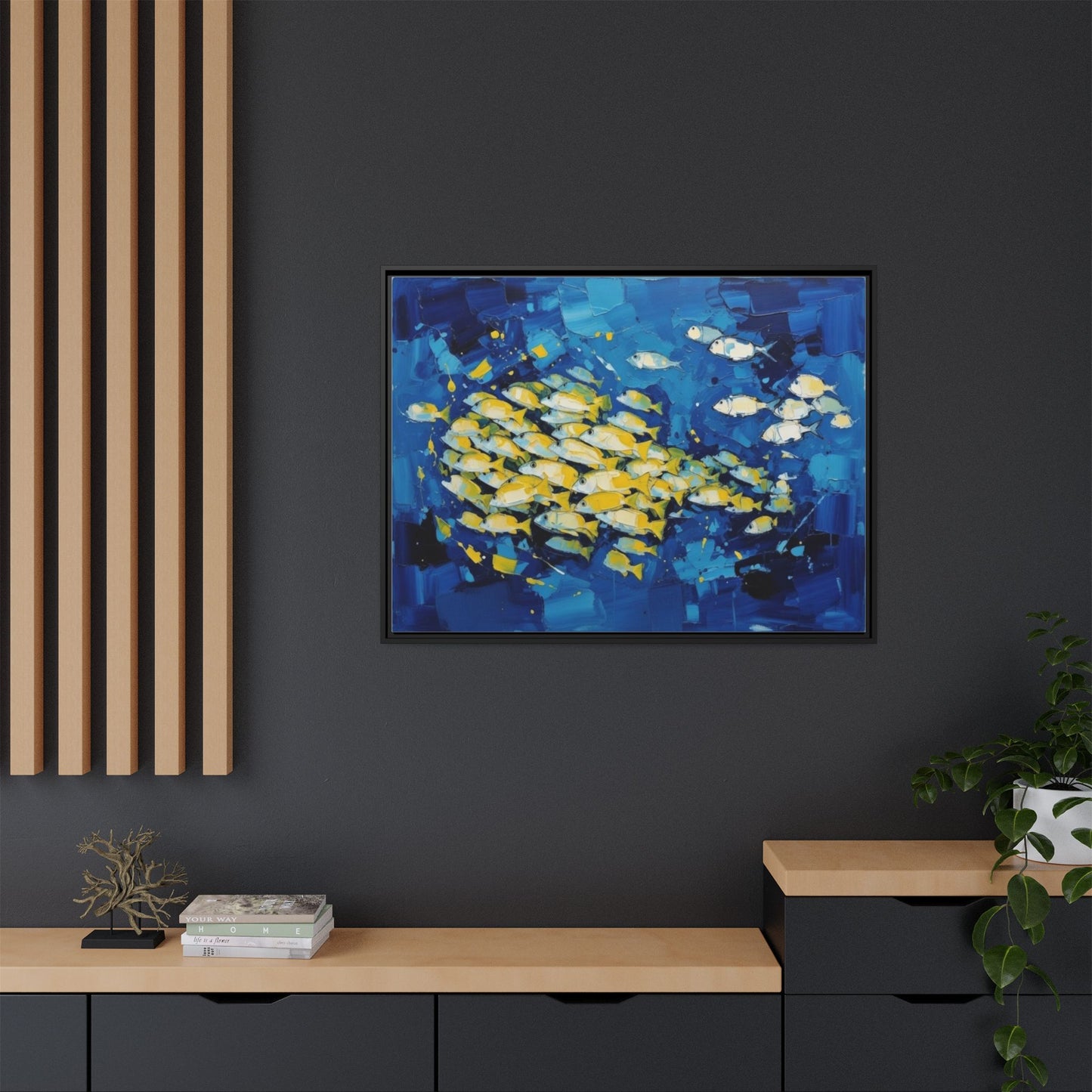 Framed Matte Canvas: Blue School of Fish Wall Art