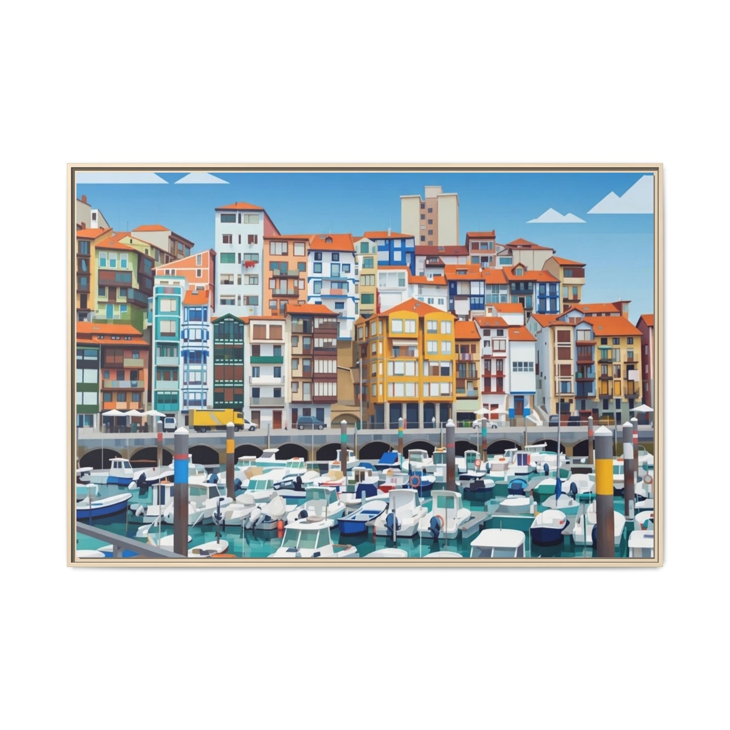 Framed Matte Canvas Print — Colorful Mediterranean Harbor Illustration