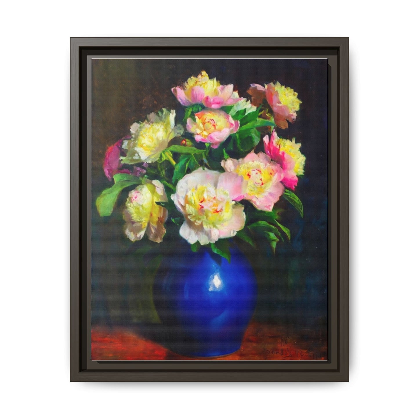 Framed Matte Canvas Wall Art — Vintage Floral Bouquet in Blue Vase