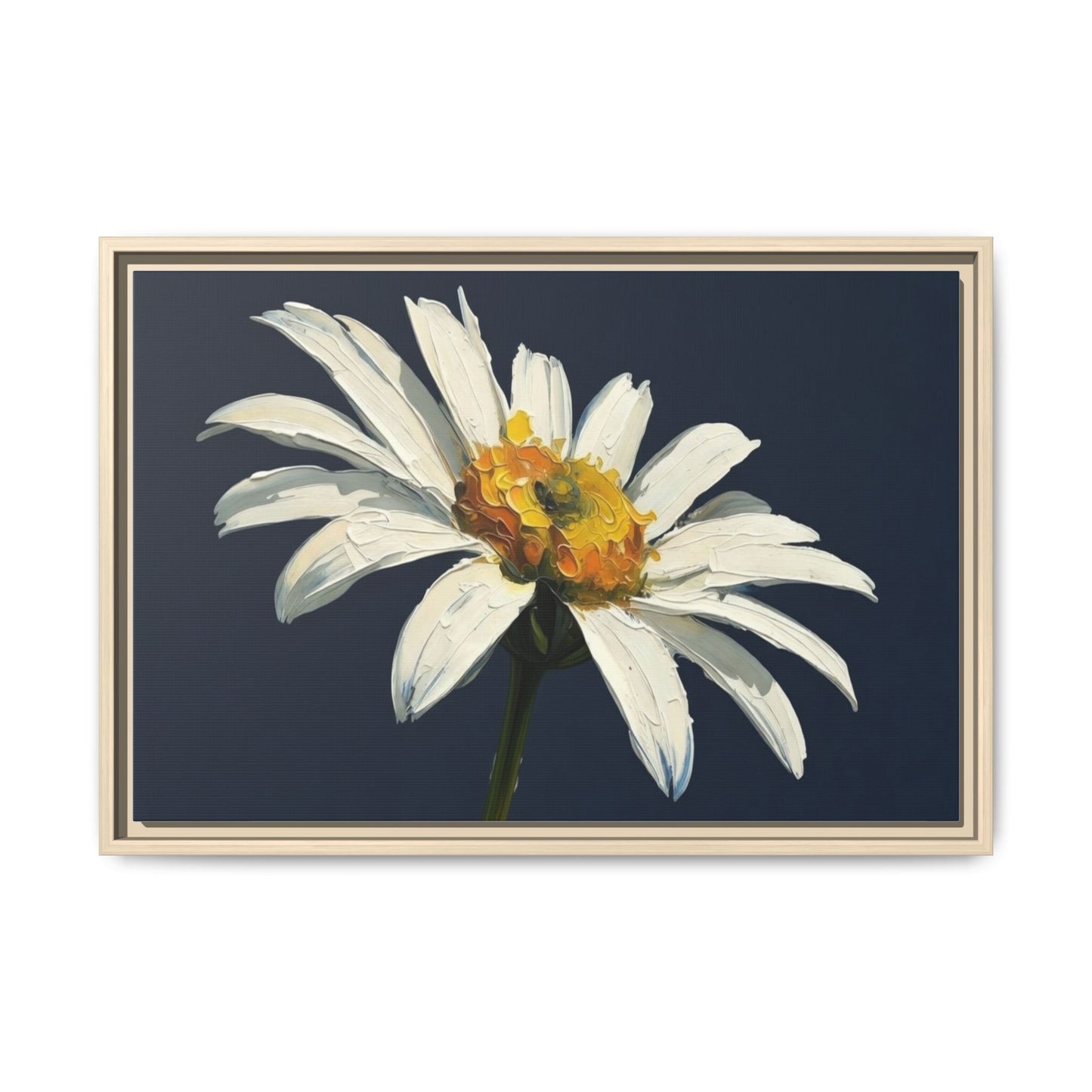 Framed Matte Canvas Daisy Wall Art — White Floral Painting on Navy