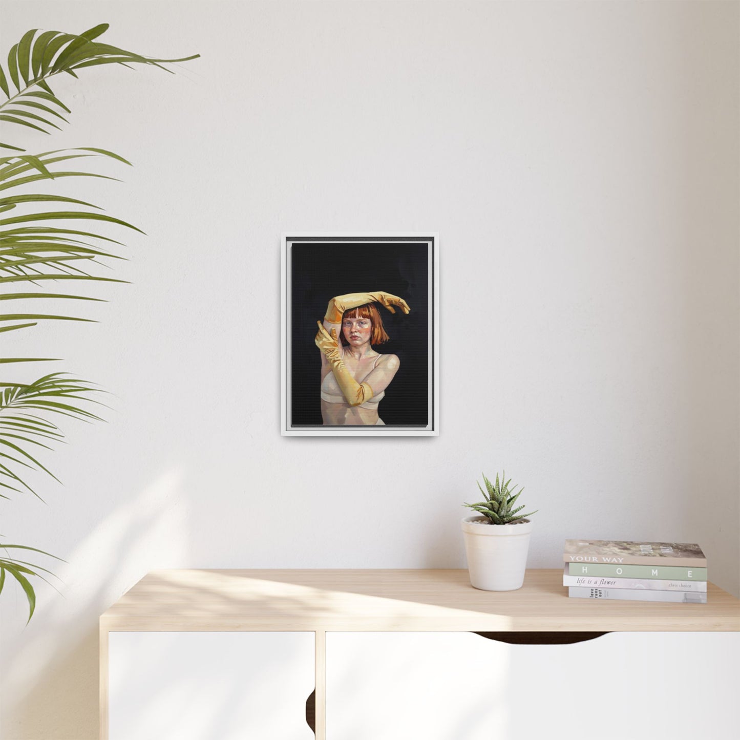 Framed Matte Canvas Art – Portrait of Woman in Yellow Gloves