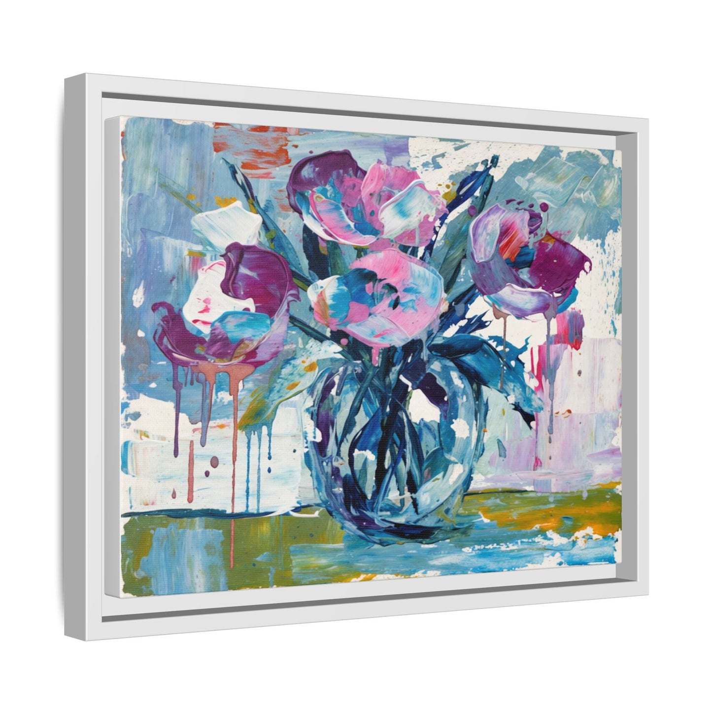 Framed Floral Canvas Art — Abstract Pink & Blue Bouquet