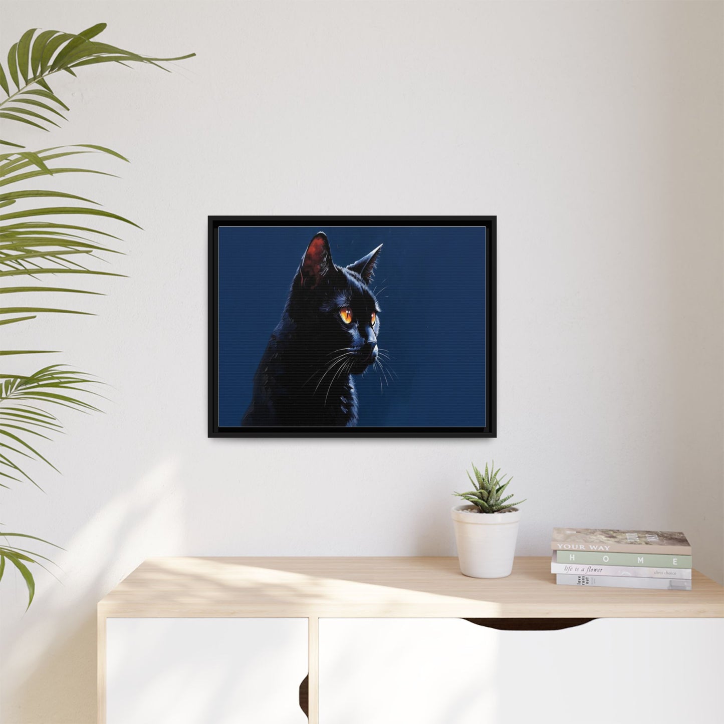 Black Cat Portrait Matte Canvas Framed Wall Art — Dramatic Feline Photo Print