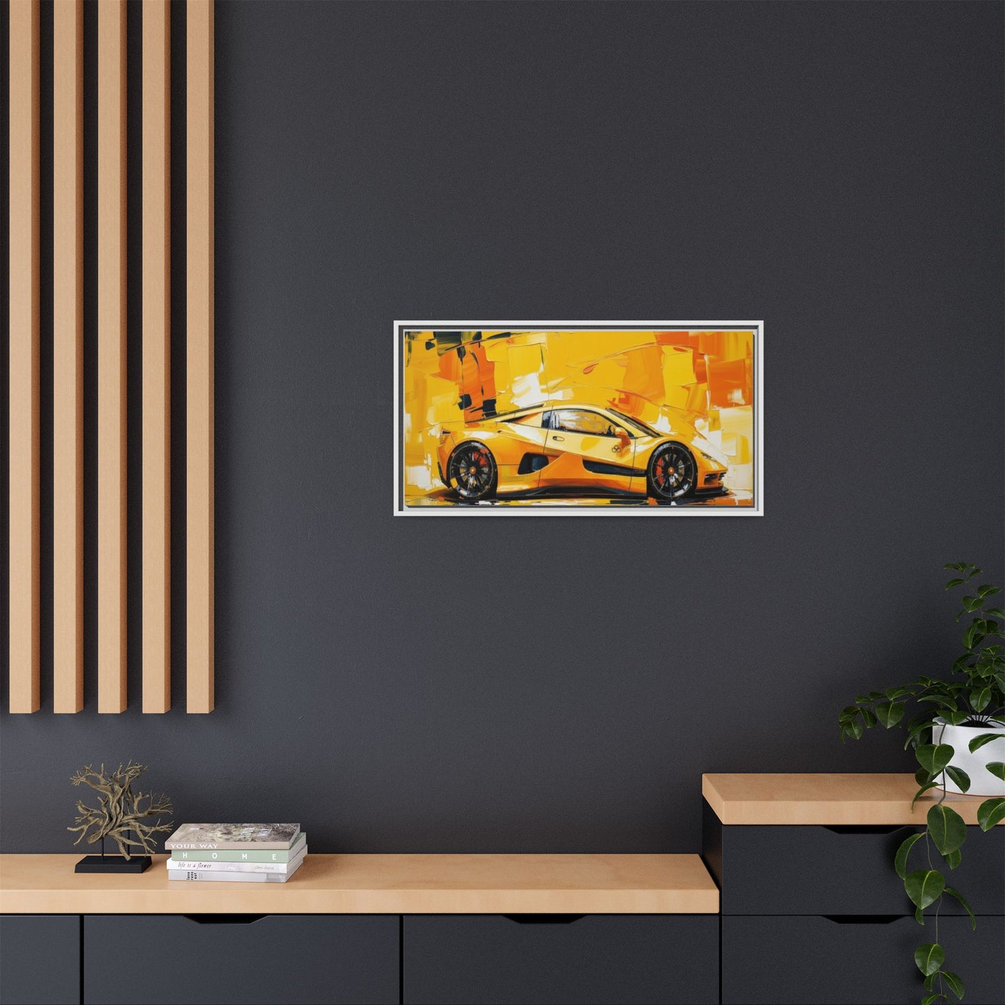 Yellow Sports Car Abstract Matte Canvas Framed Print