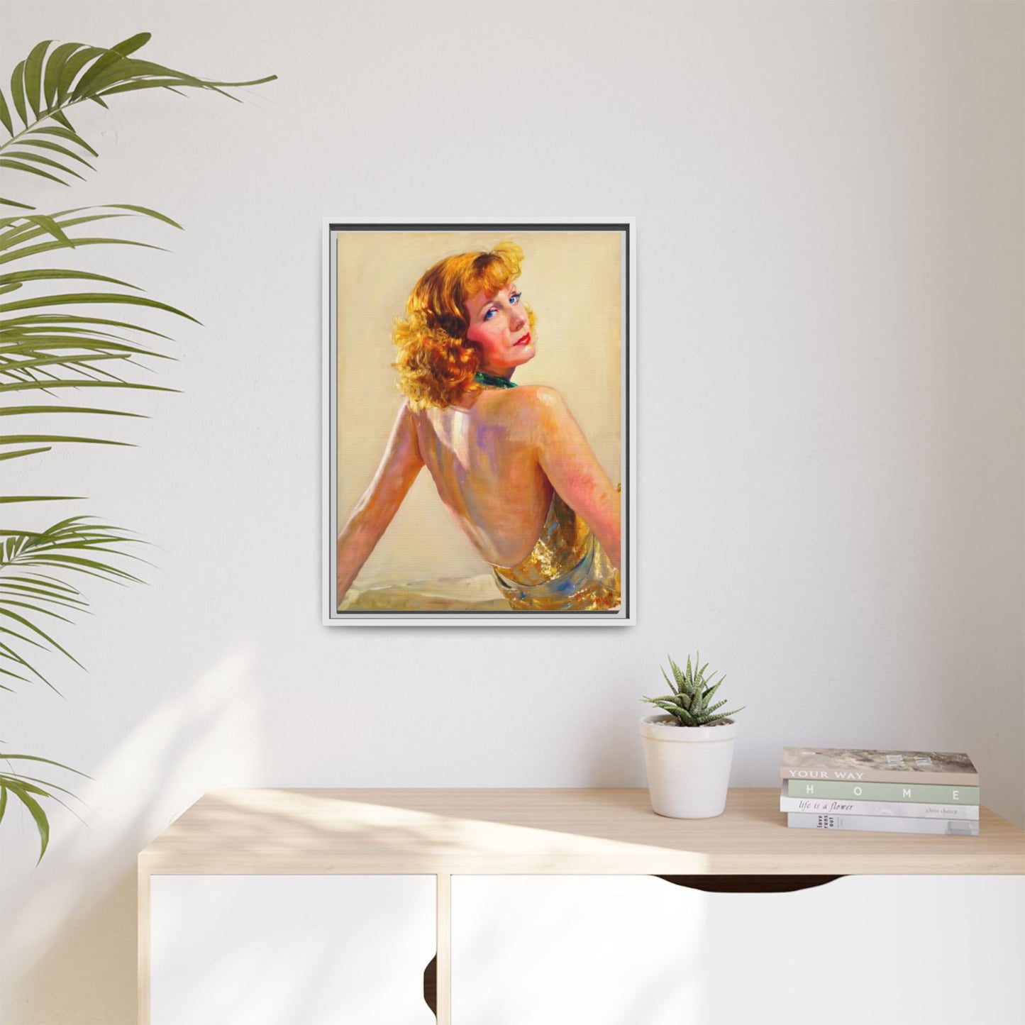 Framed Matte Canvas Print — Vintage Portrait of Redhead Greta Garbo in Gold Dress