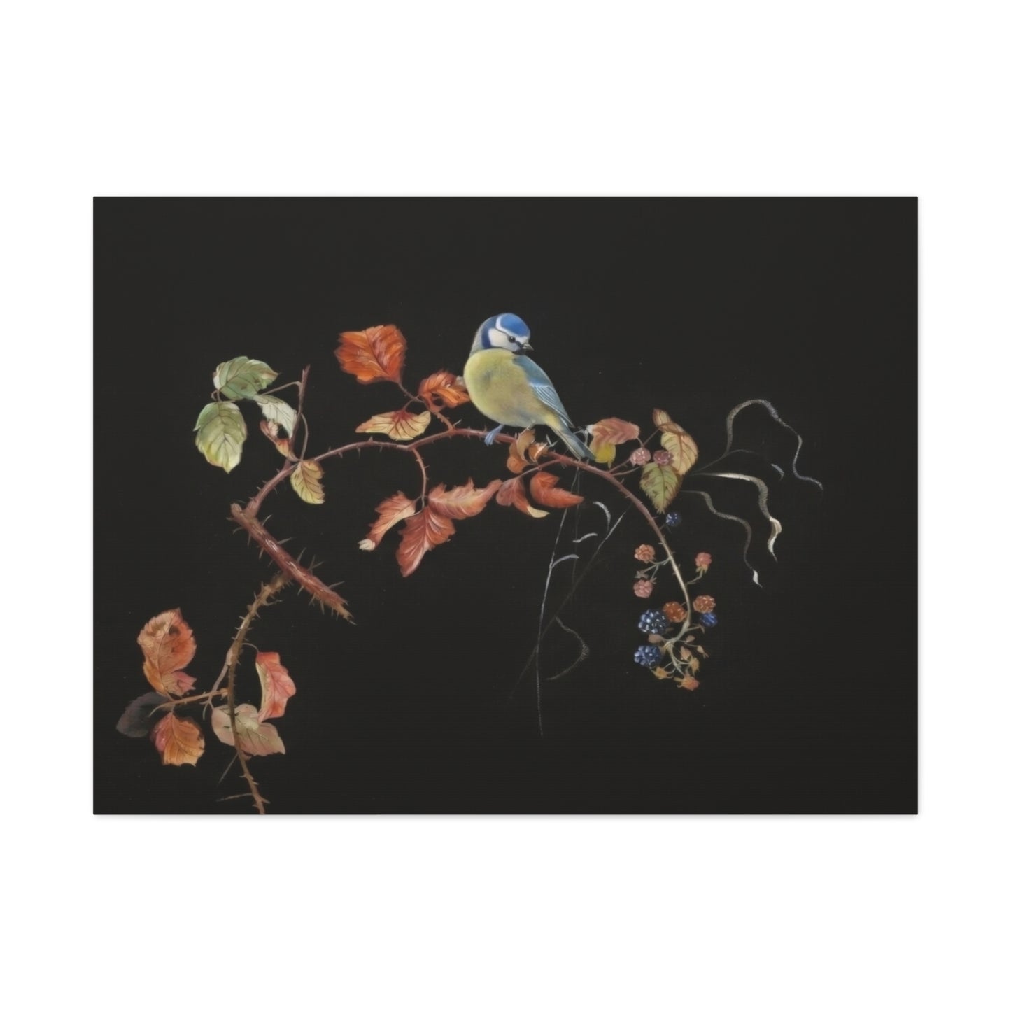 Canvas Wall Art - Blue Tit on Autumn Branch, Stretched Matte Canvas