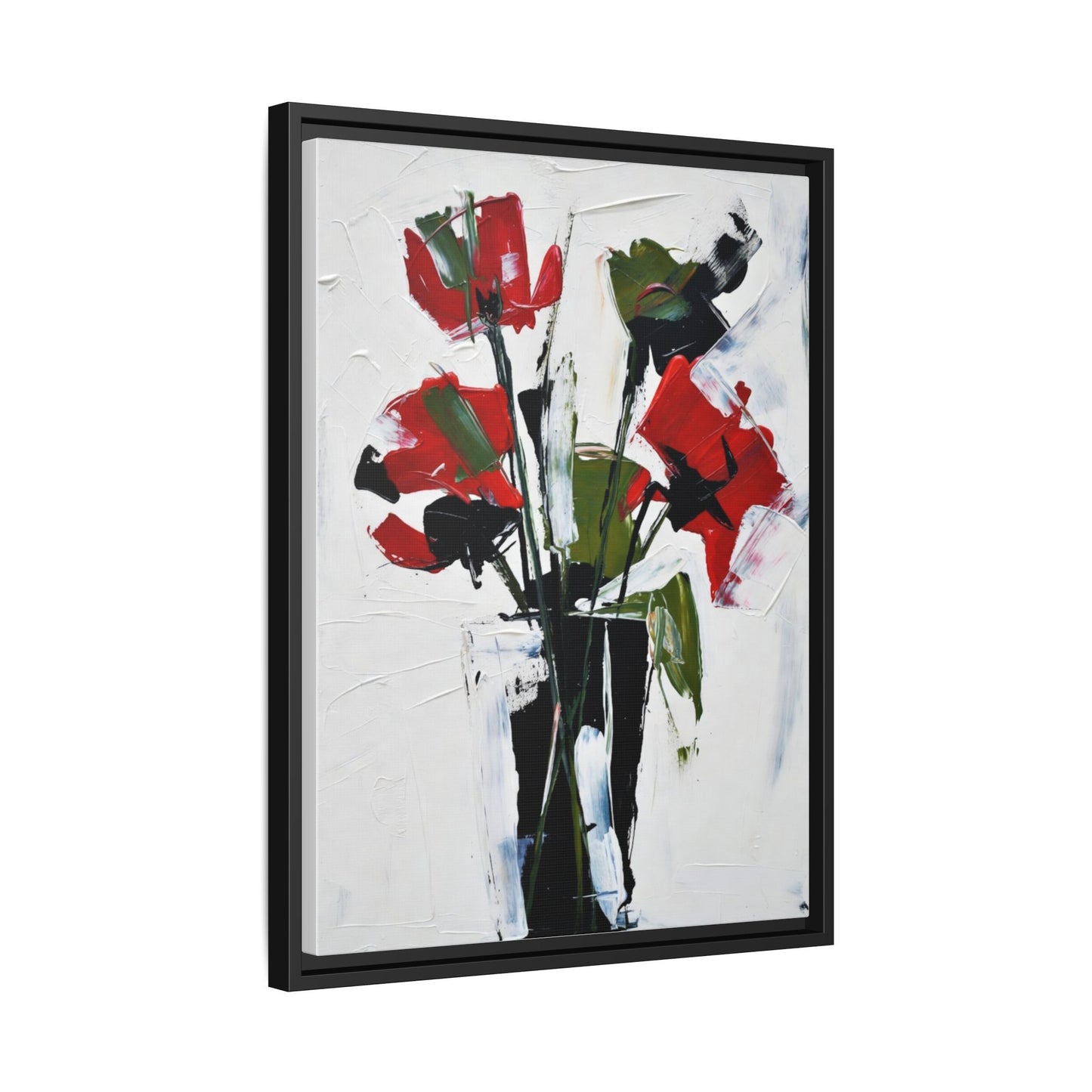 Framed Abstract Floral Canvas Print — Red Poppies in Black Vase