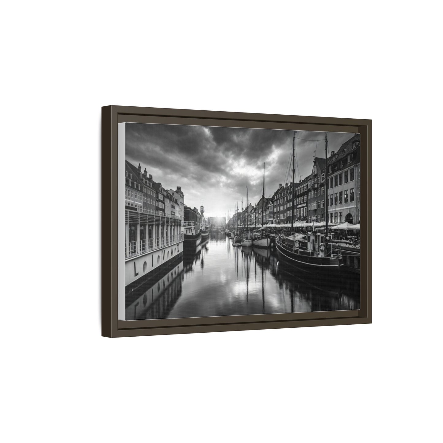 Framed Matte Canvas: Black & White Dutch Canal Photography Wall Art