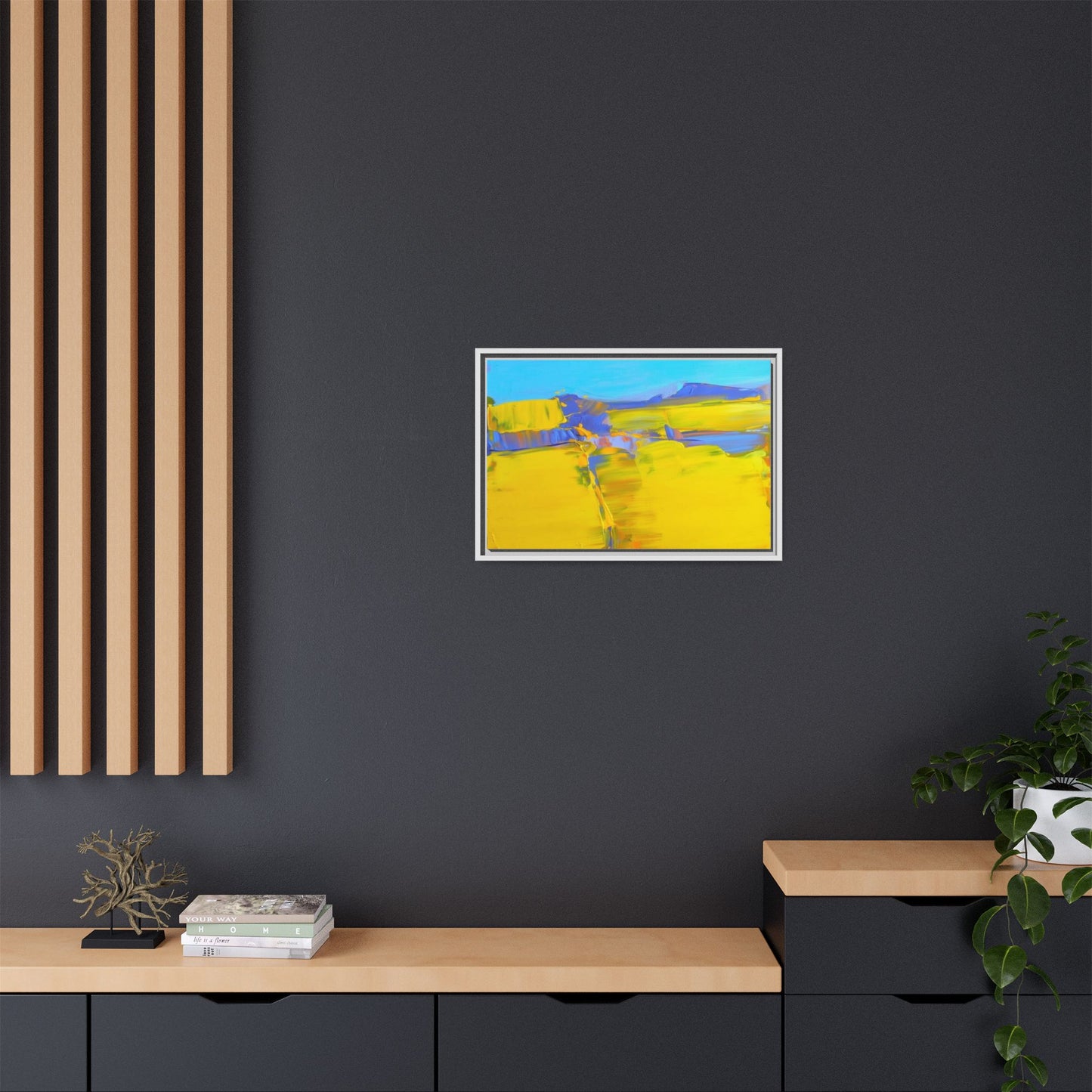 Framed Matte Canvas  Vibrant Yellow Blue Abstract Landscape Art
