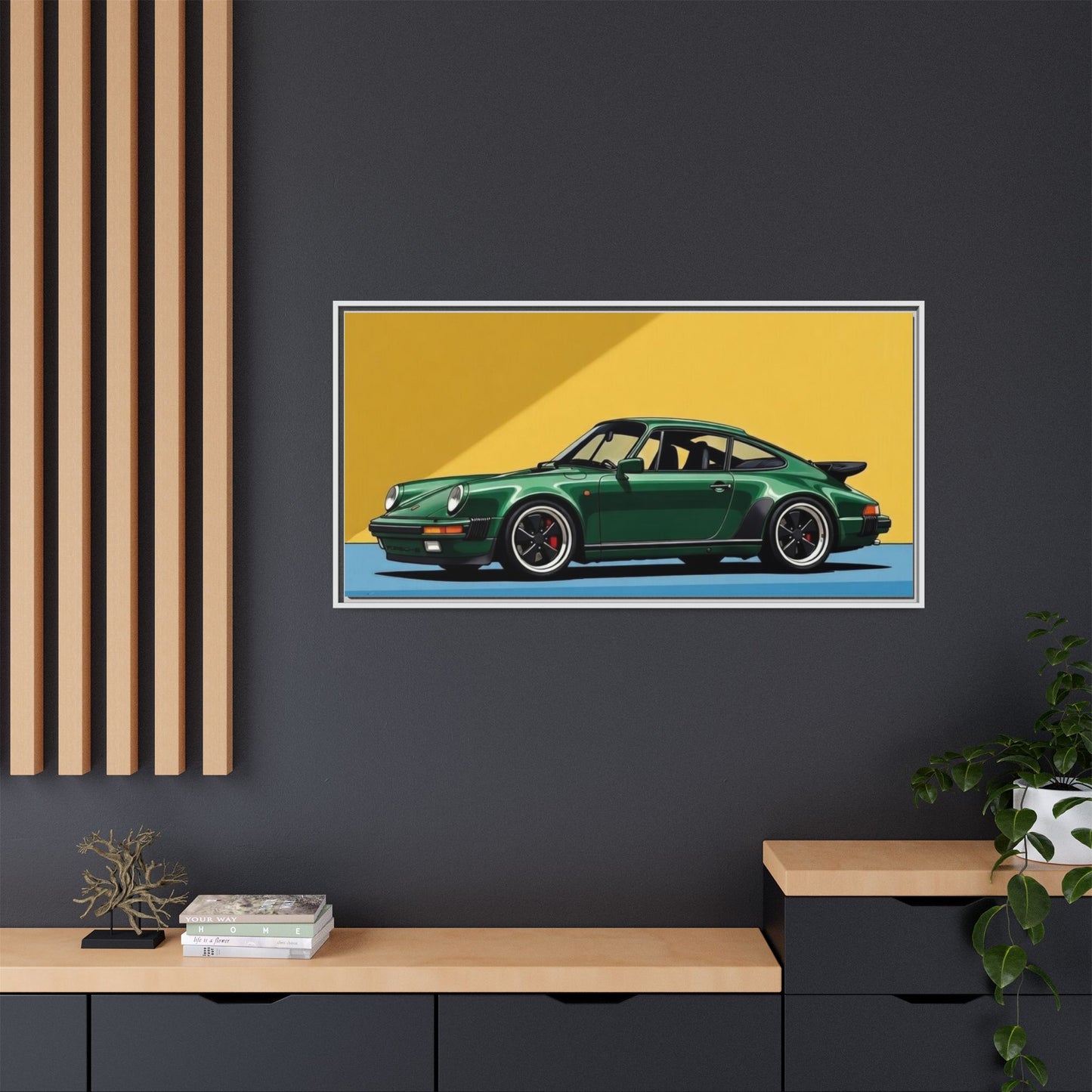 Framed Matte Canvas — Green Sports Car Wall Art