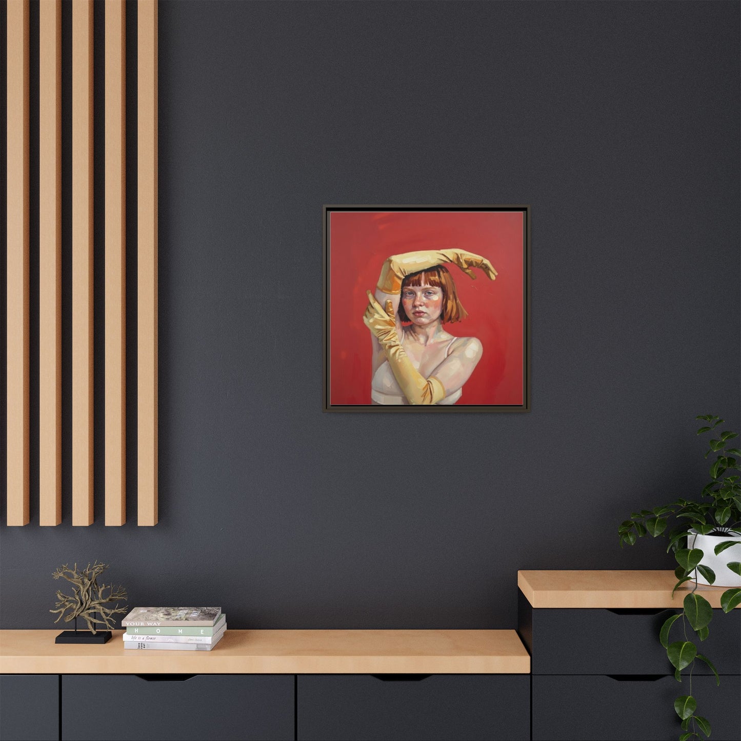Framed Matte Canvas Art - Portrait of Woman in Yellow Gloves (Red Background)
