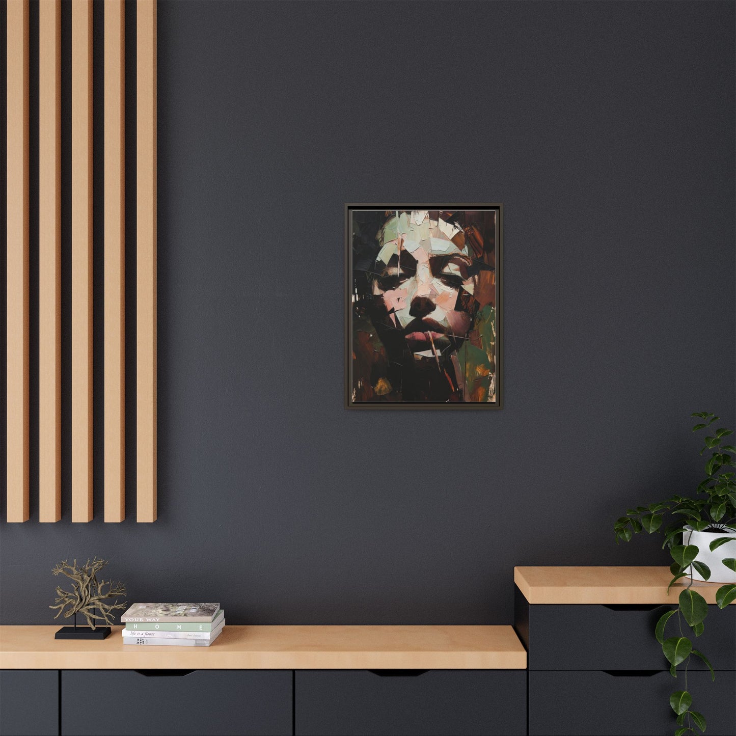 Matte Framed Canvas Art — Abstract Female Portrait, Moody Multicolor