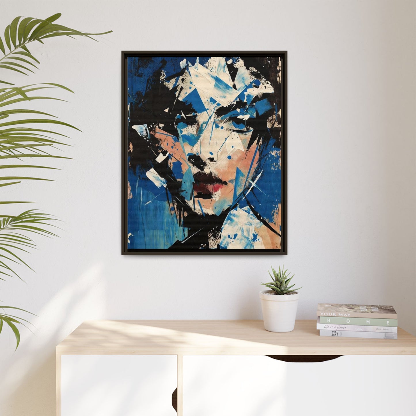 Abstract Portrait Matte Canvas Framed Wall Art — Blue Mixed-Media Face Print