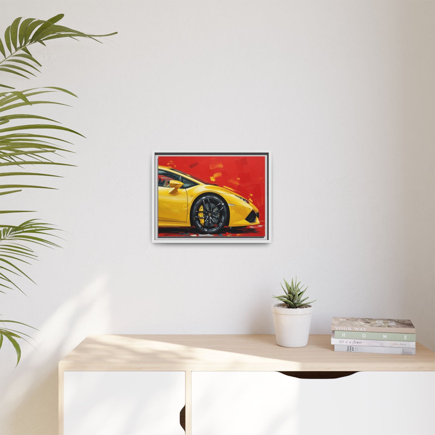 Yellow Sports Car Matte Canvas Print — Framed Automotive Wall Art