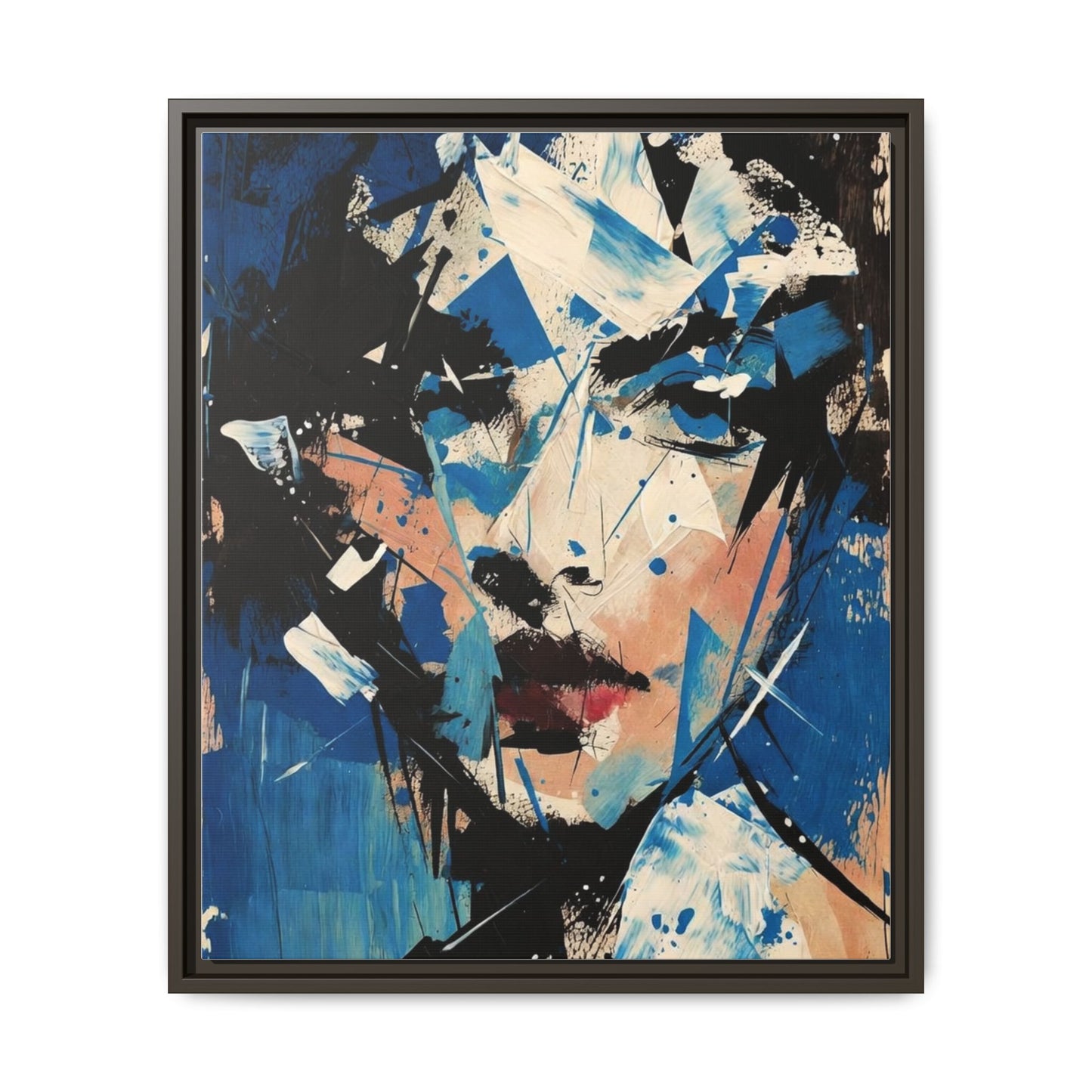 Abstract Portrait Matte Canvas Framed Wall Art — Blue Mixed-Media Face Print