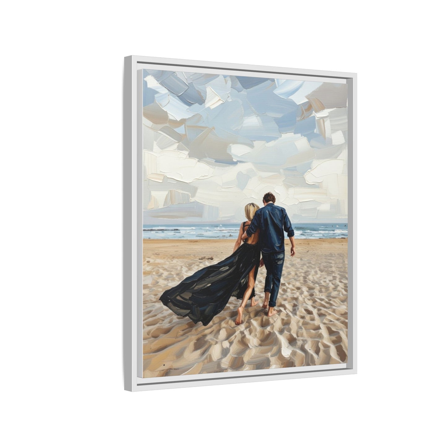 Framed Canvas Wall Art — Romantic Couple Walking on Beach Print