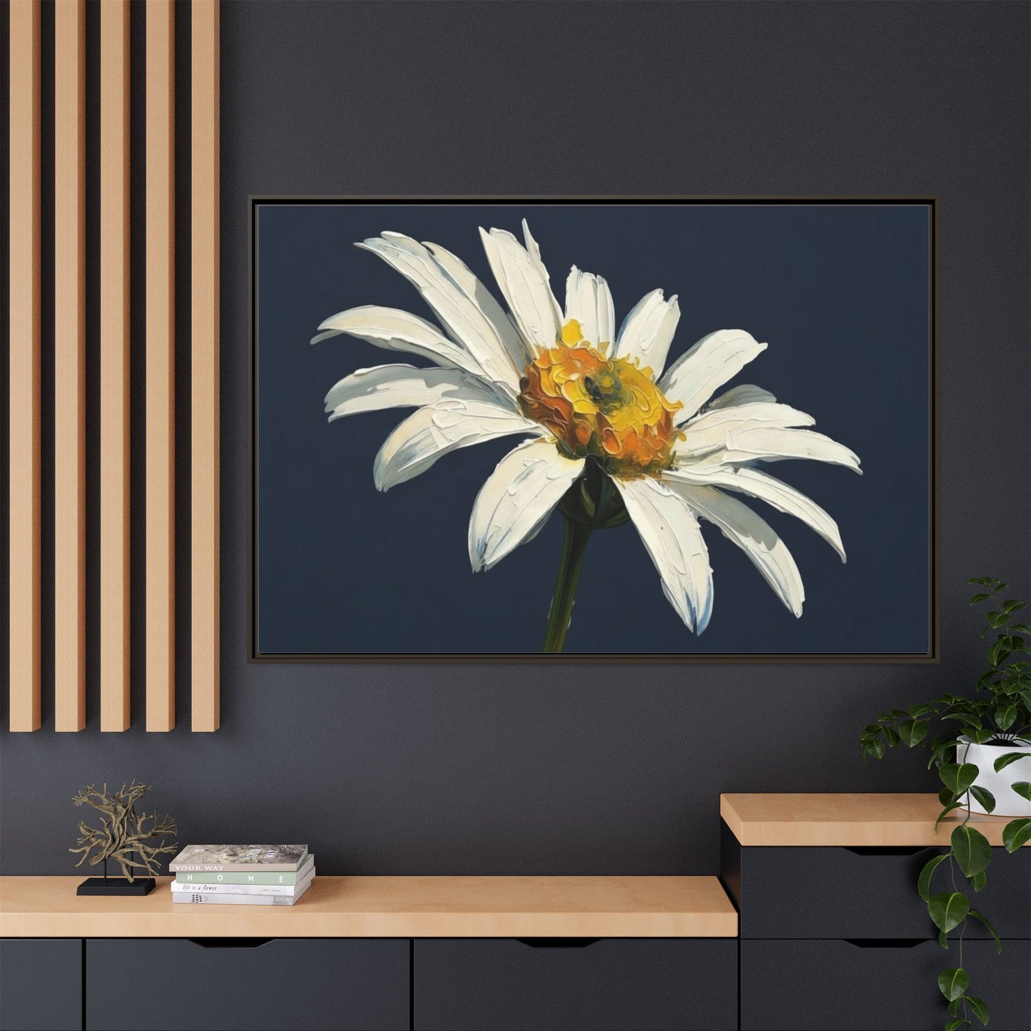 Framed Matte Canvas Daisy Wall Art — White Floral Painting on Navy