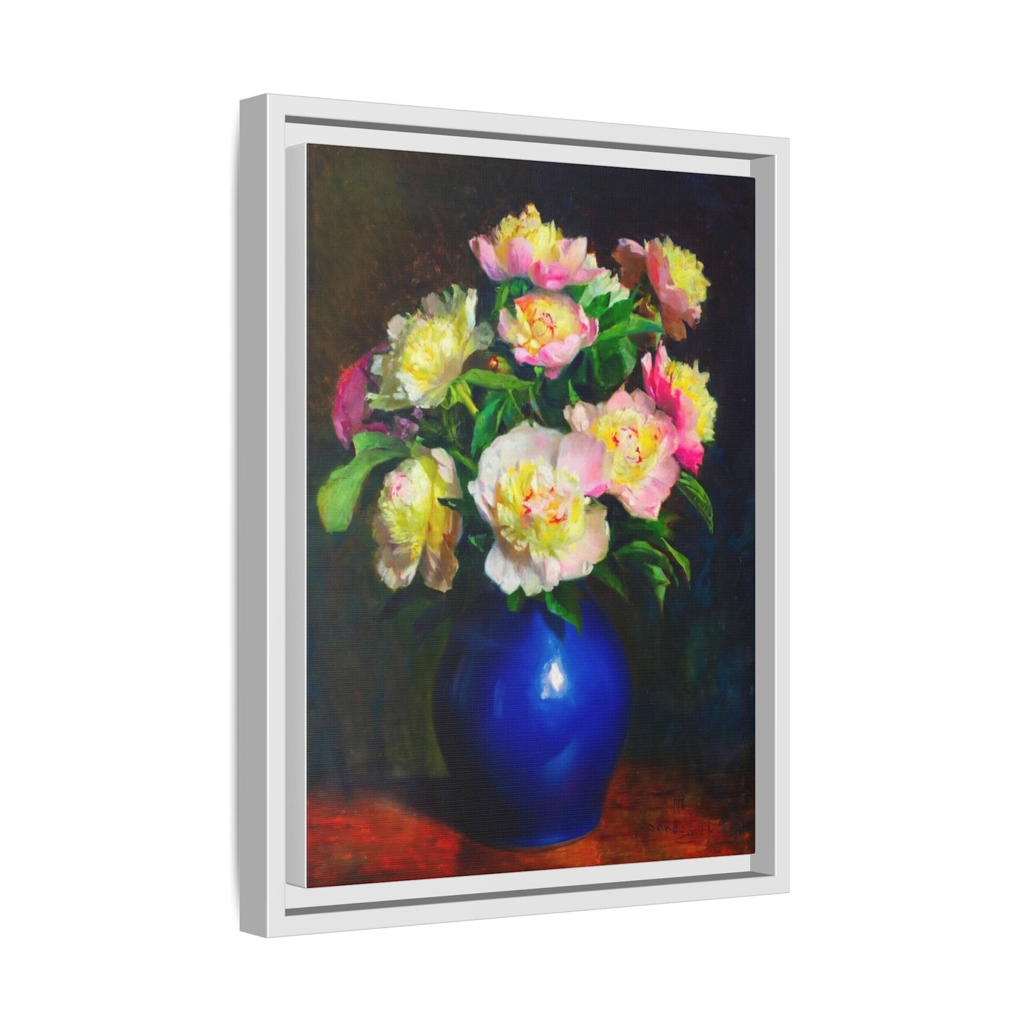 Framed Matte Canvas Wall Art — Vintage Floral Bouquet in Blue Vase