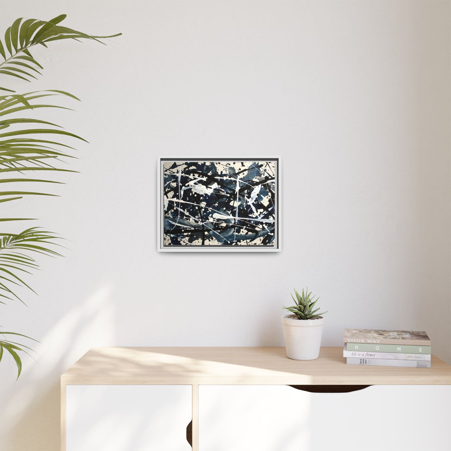 Abstract Splatter Matte Canvas Framed Wall Art — Black & Blue Modern Art Print