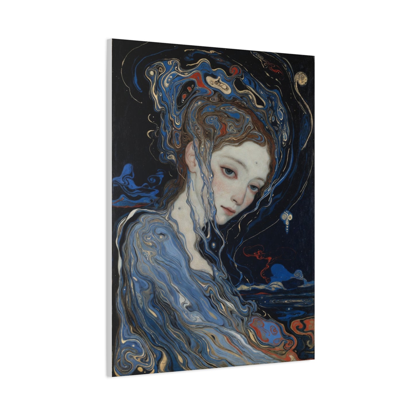 Ethereal Siren Matte Canvas Wall Art — Surreal Blue Portrait, Stretched 1.25"