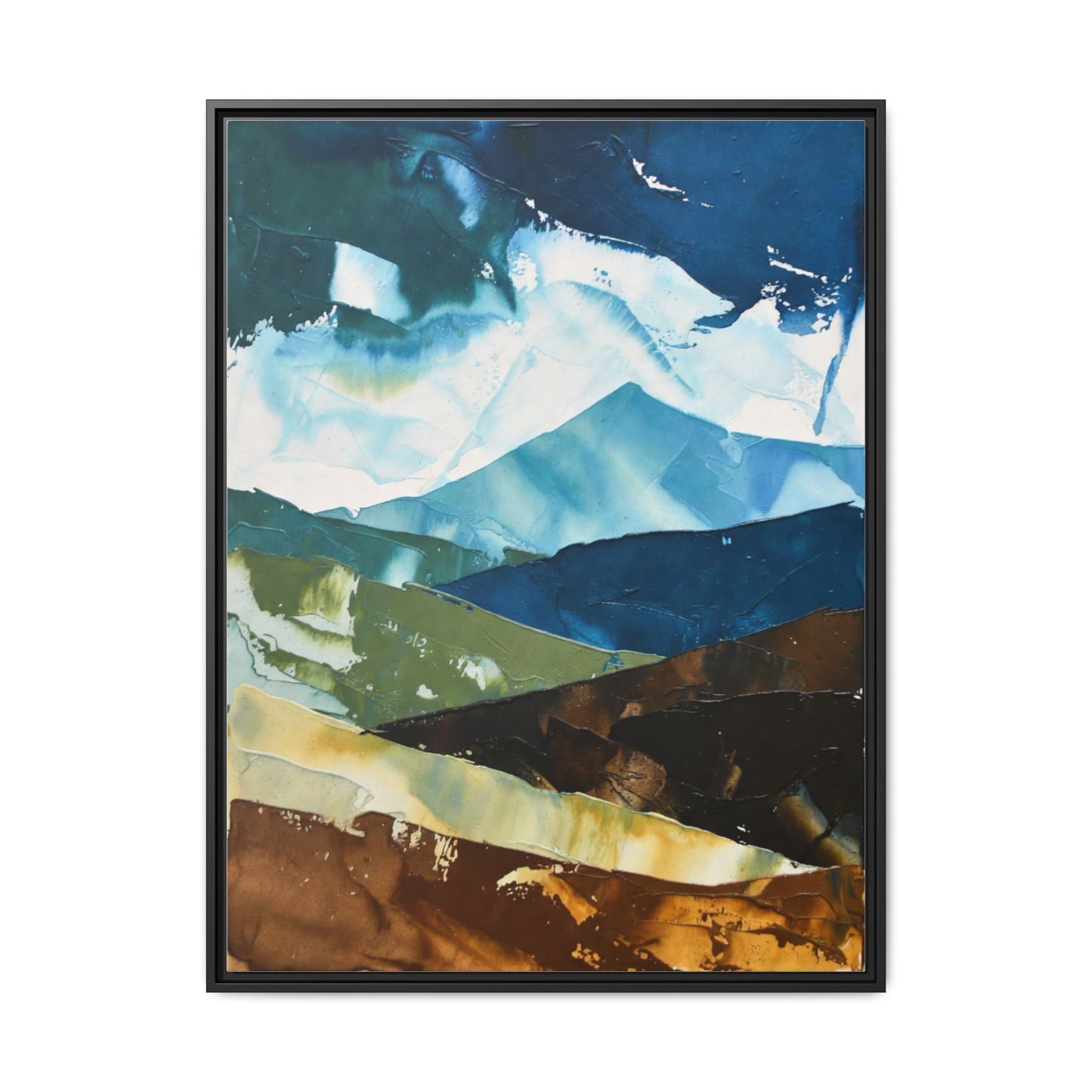 Framed Abstract Mountain Canvas Art — Blue & Earthtone Landscape Print