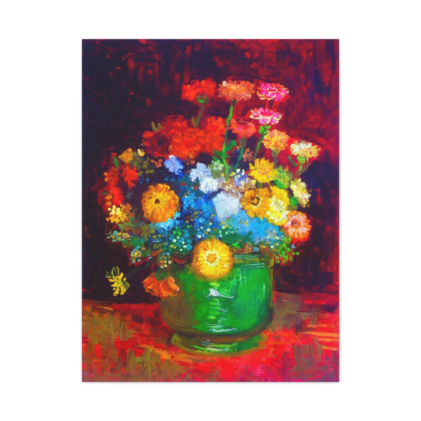 Floral Still Life Canvas Print — Vibrant Bouquet in Green Vase
