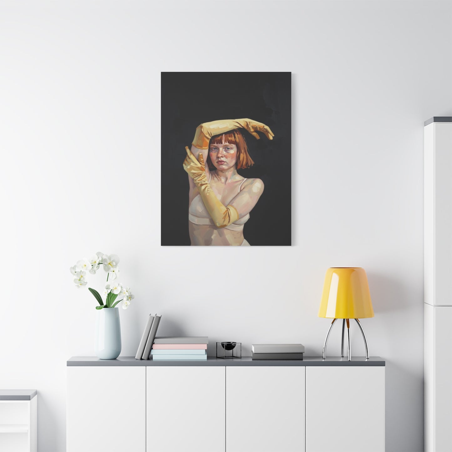 Contemporary Portrait Canvas — Redhead in Yellow Gloves Matte Stretched Art
