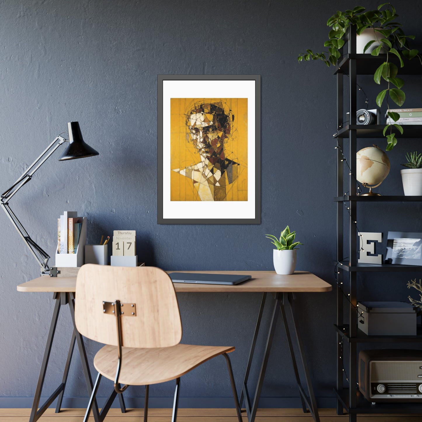 Framed Poster — Abstract Geometric Portrait on Mustard Yellow